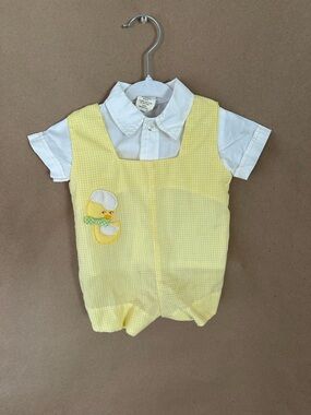 Vintage Yellow Gingham Baby Romper with White Collar - Cute Duck Detail